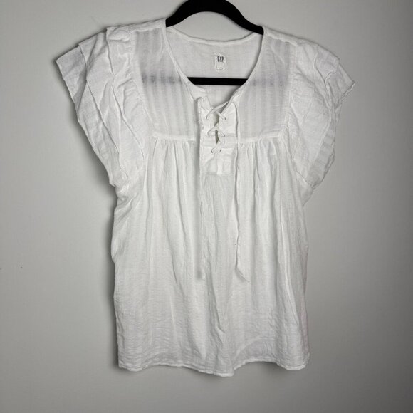 Gap Cotton Blouse Tiered Ruffle Sleeve Lace Up Optic White Size Sm - Picture 1 of 7